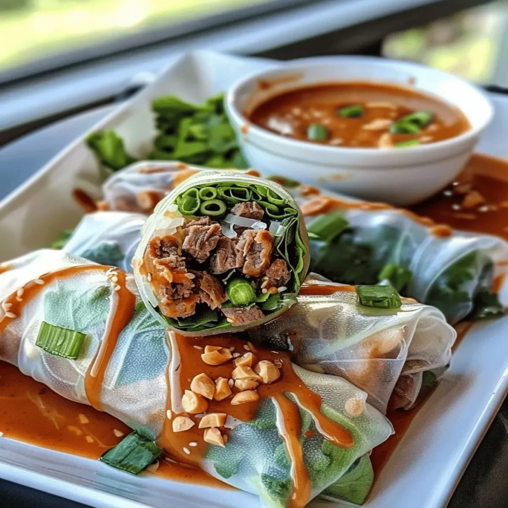 Beef Spring Rolls with Peanut Lime Sauce