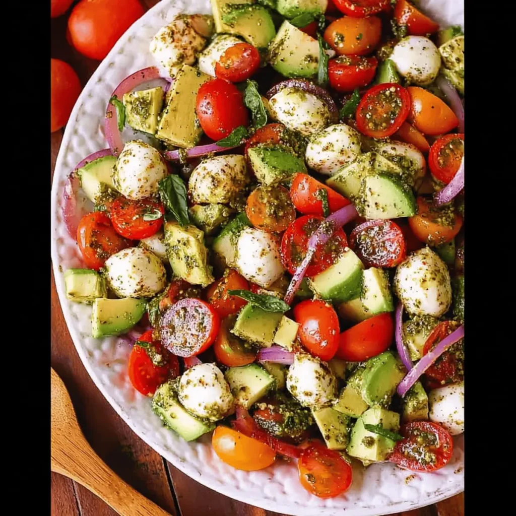 Tomato Cucumber Avocado Salad with Mozzarella and Basil Pesto