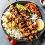 mediterranean rice bowl with grilled chicken tawook skewers