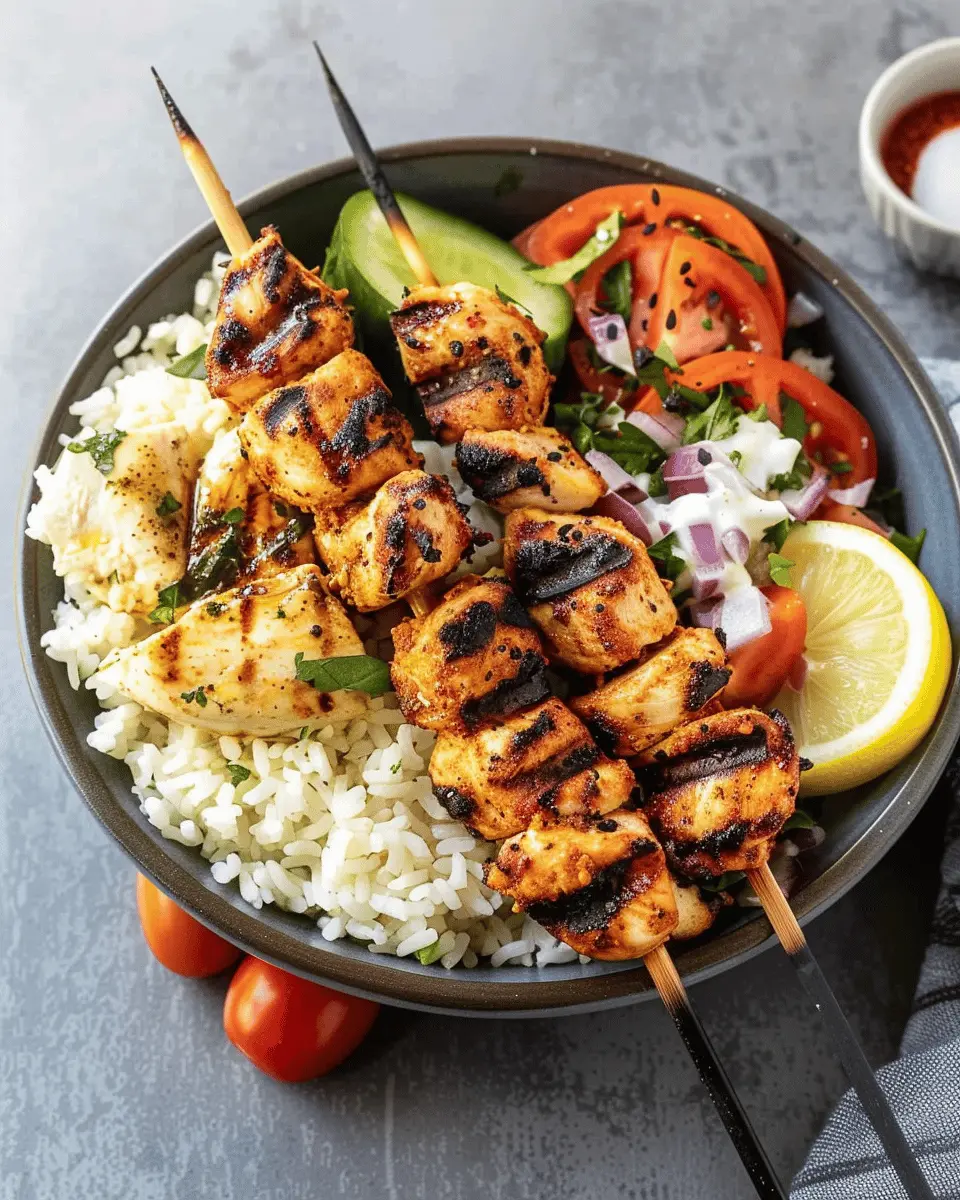 Mediterranean Rice Bowl with Grilled Chicken Tawook Skewers: Easy and Flavorful