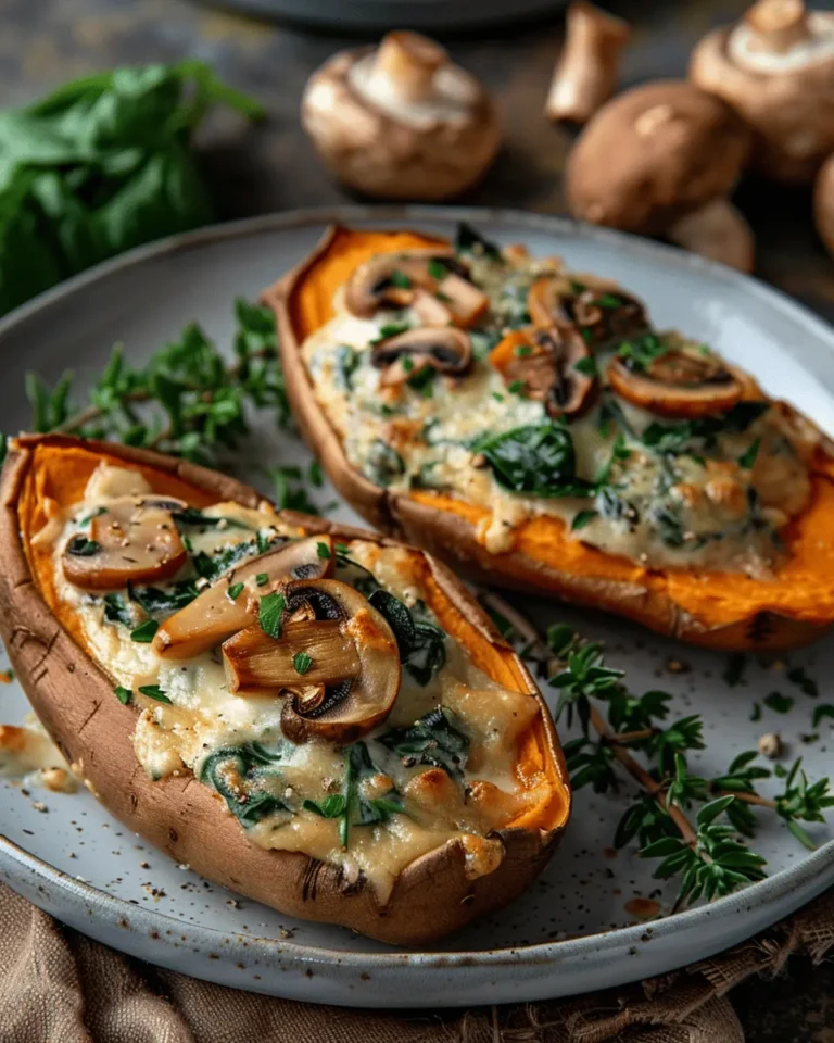 Creamy Mushroom and Spinach Stuffed Sweet Potatoes