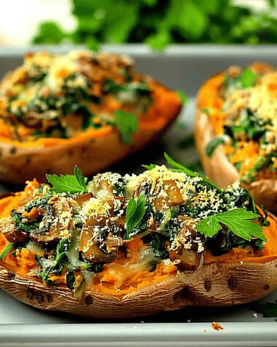 Creamy Mushroom and Spinach Stuffed Sweet Potatoes Delight