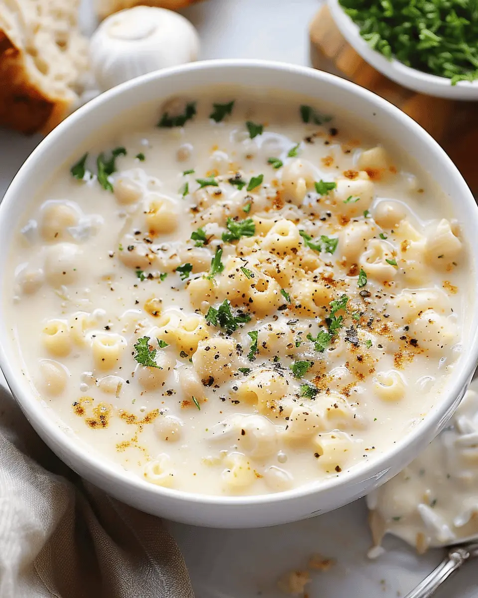 Creamy Garlic Parmesan Soup with Turkey Bacon and Chicken Ham