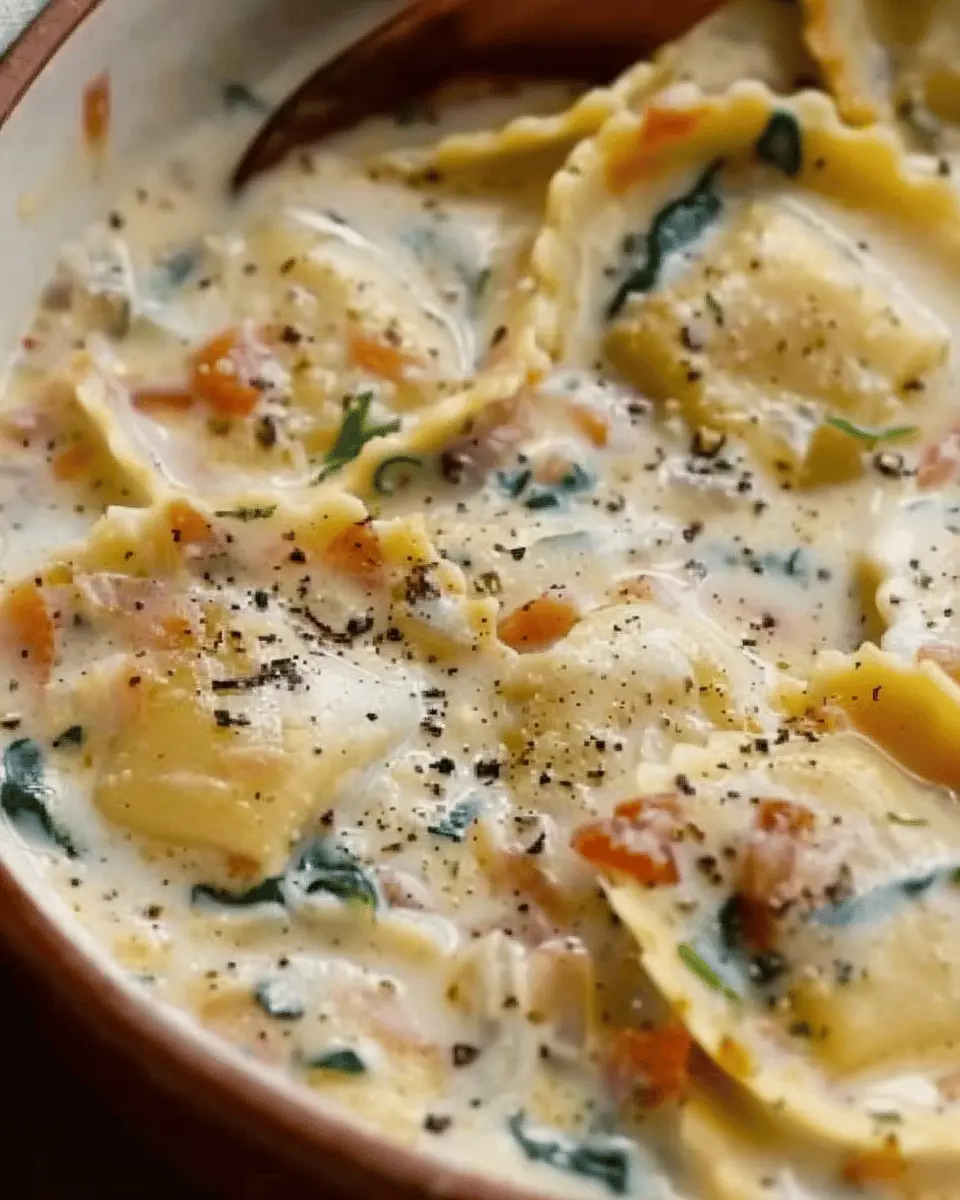 Creamy Tuscan Ravioli Soup with Turkey Bacon and Chicken Ham