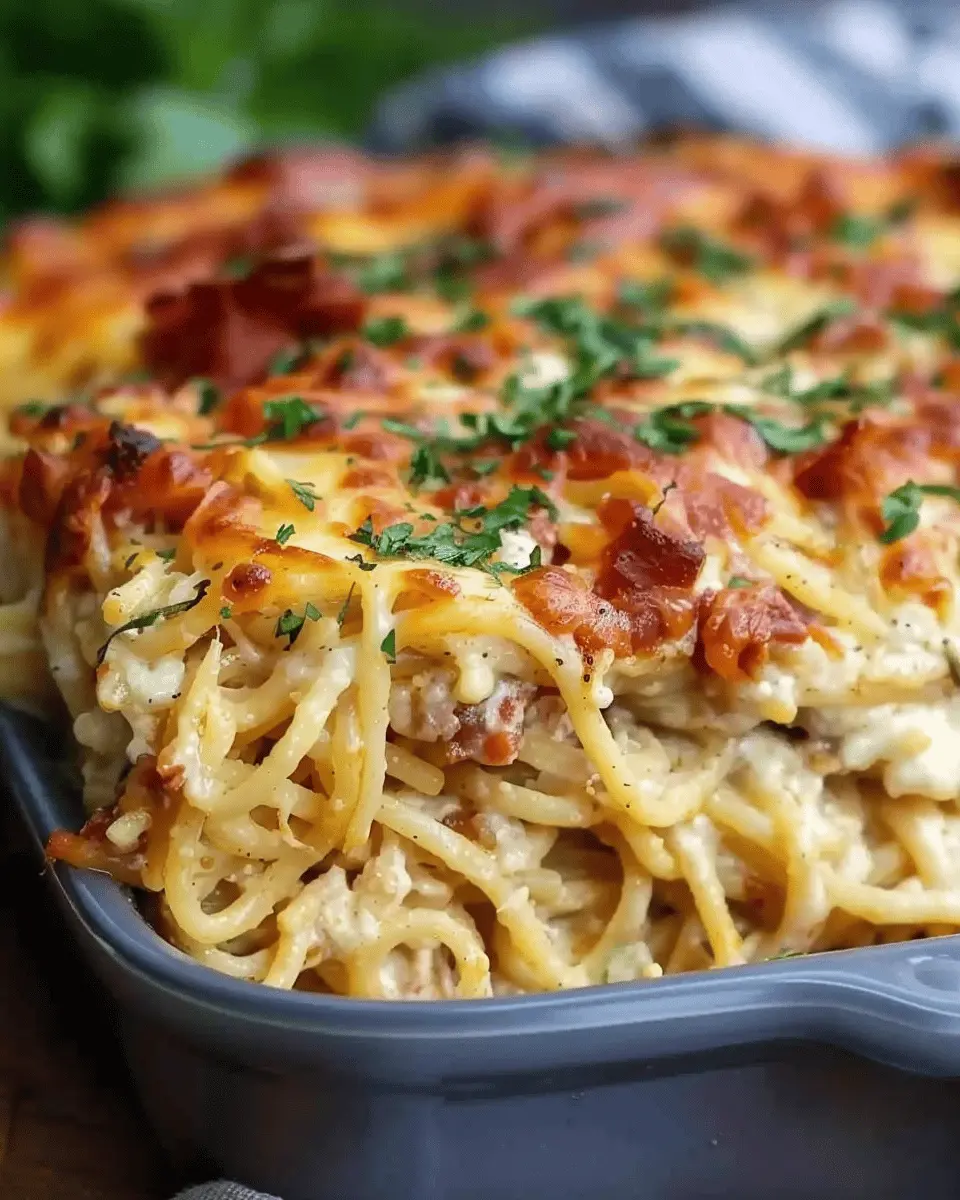 Creamy Southern Spaghetti Bake with Turkey Bacon and Chicken Ham