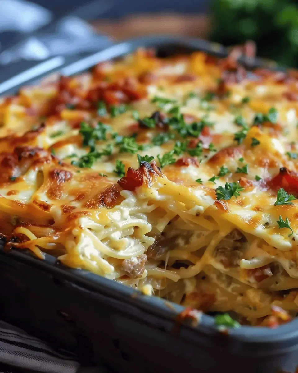Creamy Southern Spaghetti Bake with Turkey Bacon and Chicken Ham