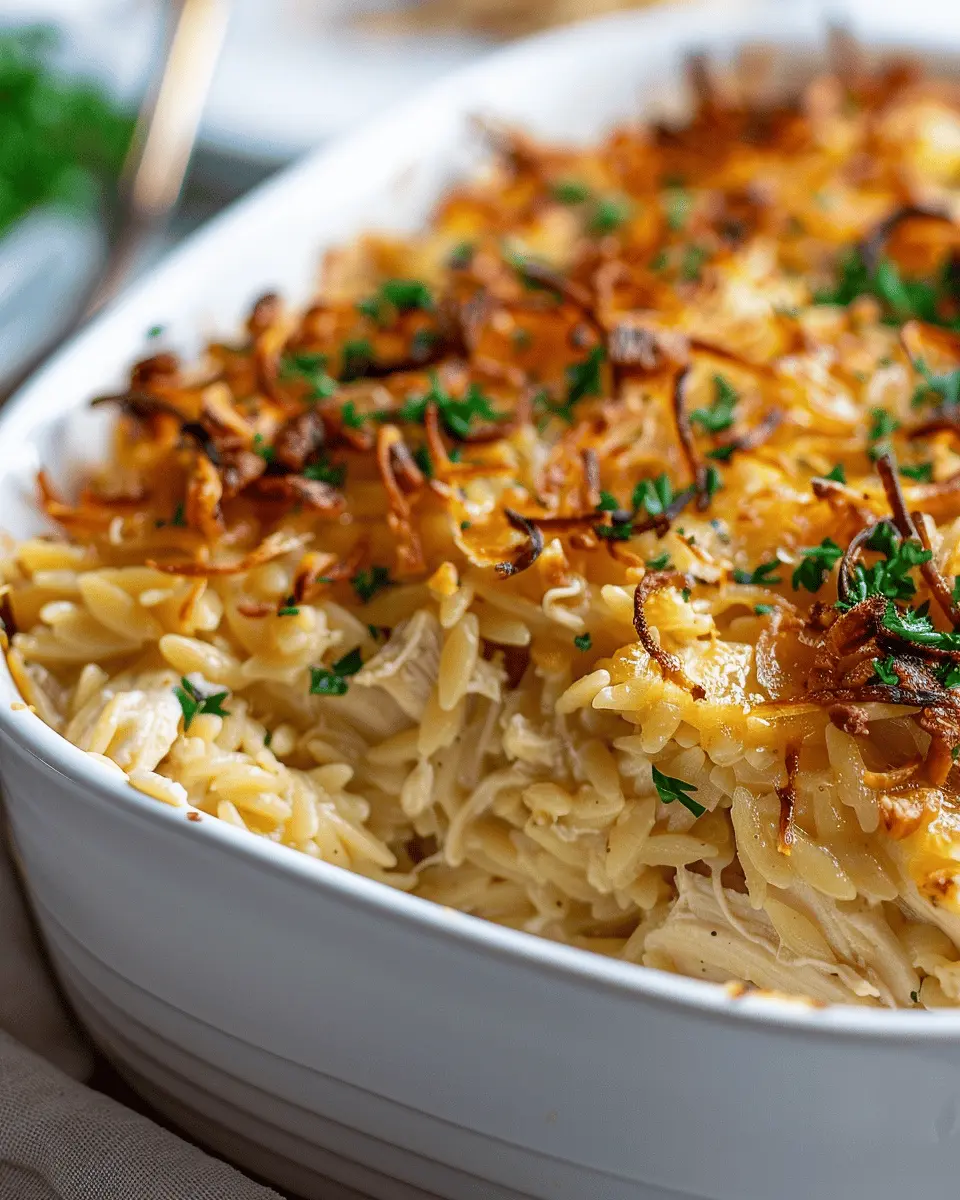 French Onion Chicken Orzo Casserole with Turkey Bacon Delight