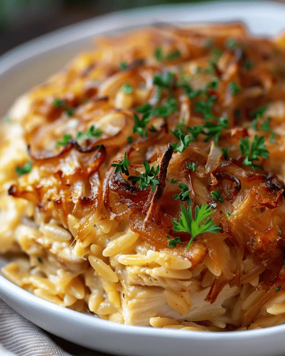 French Onion Chicken Orzo Casserole with Turkey Bacon Delight