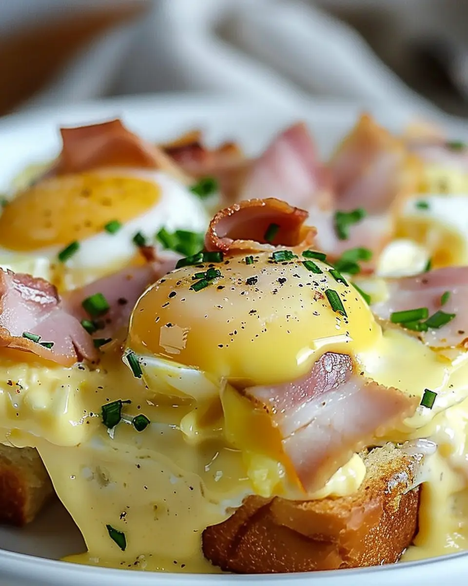 Eggs Benedict Casserole with Turkey Bacon and Chicken Ham Delight