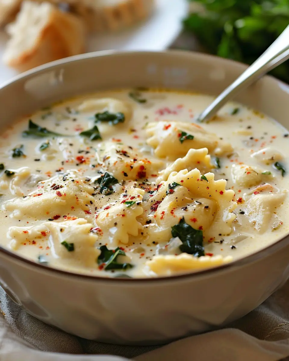 Creamy Tuscan Ravioli Soup with Turkey Bacon & Chicken Ham Delight