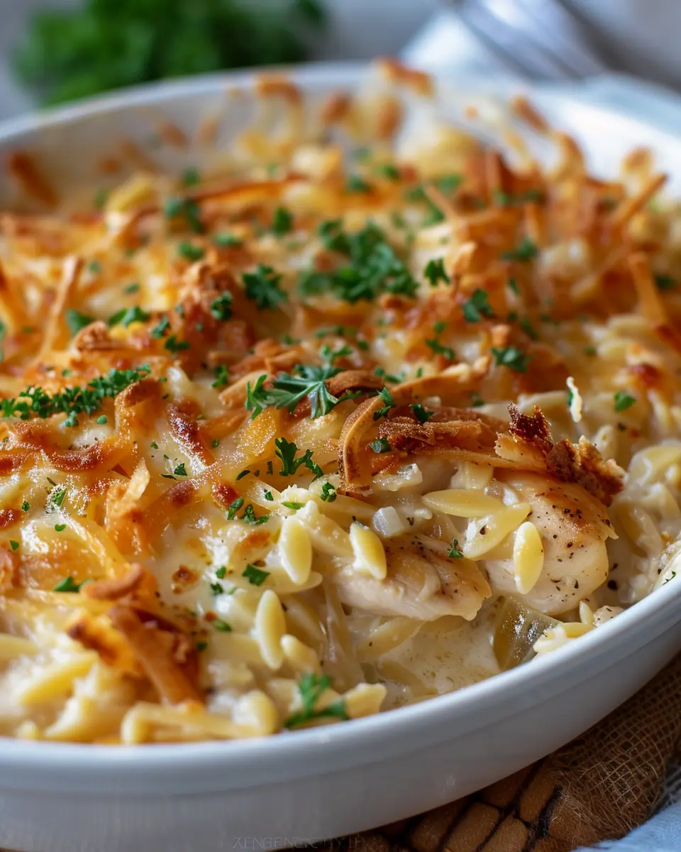 French Onion Chicken Orzo Casserole with Turkey Bacon Delight