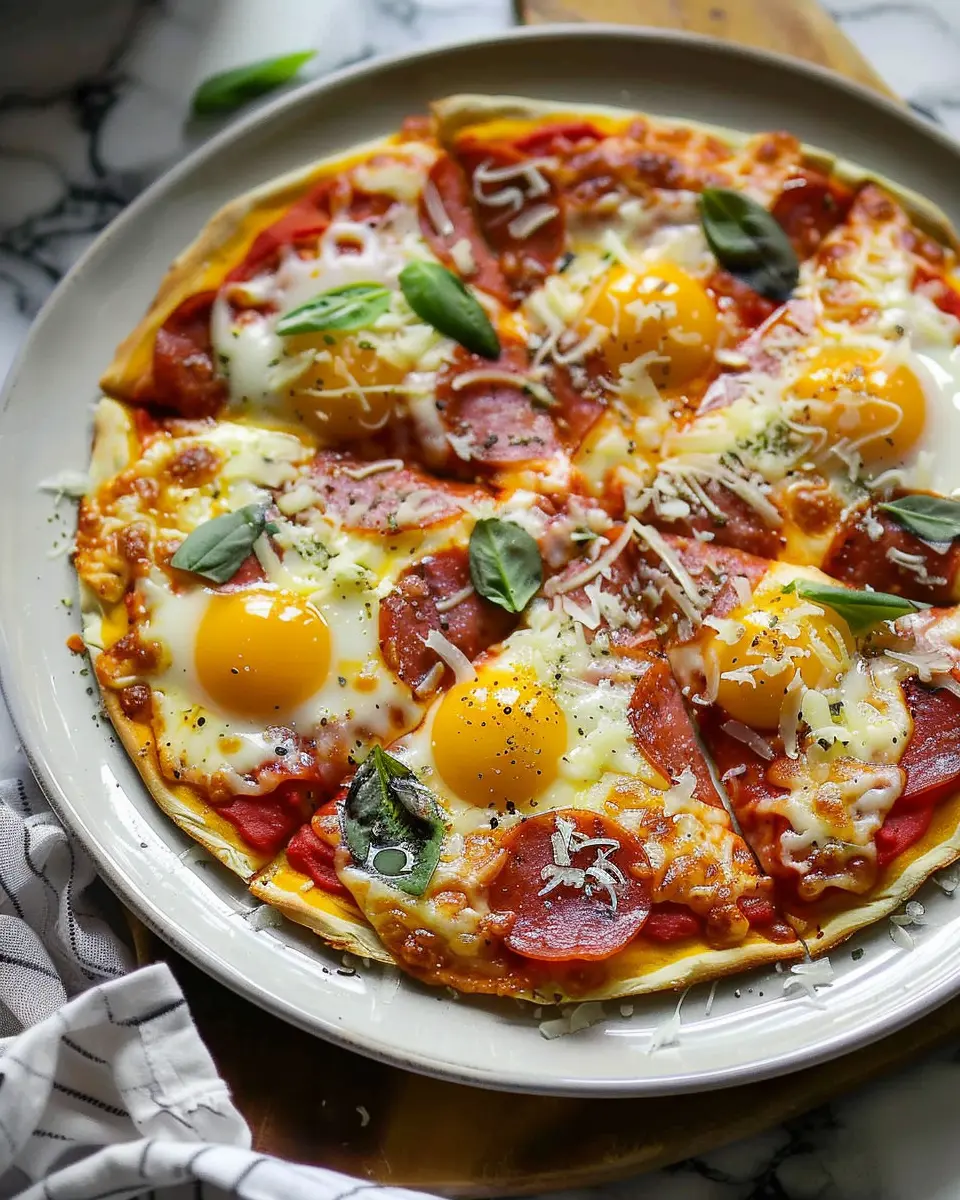 Pizza eggs: Easy breakfast with Turkey Bacon and Chicken Ham